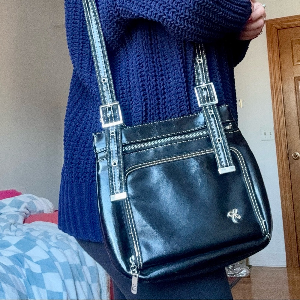 Lina Sleek Black Crossbody / Shoulder Bag With Belted Straps | Silver Hardware